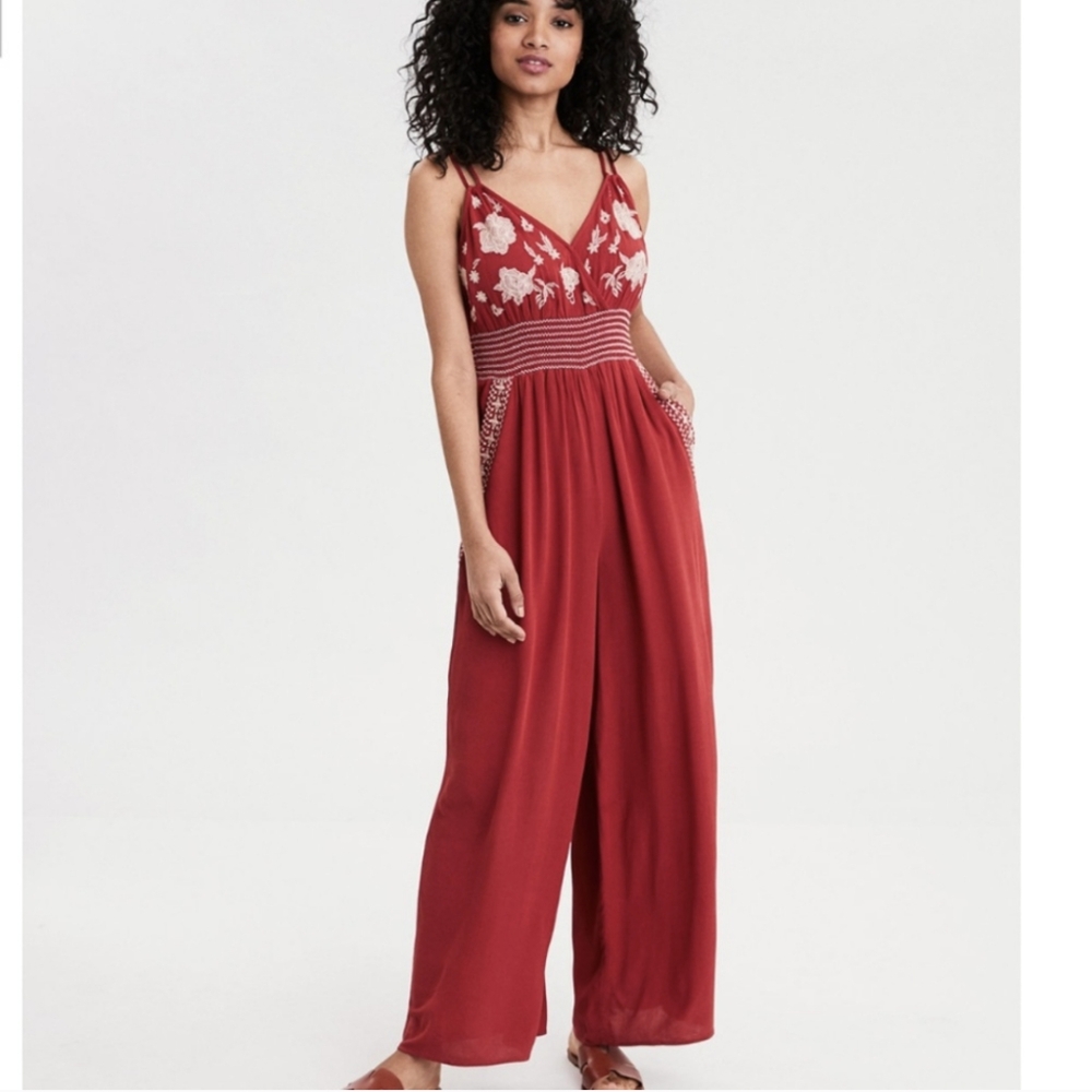 American Eagle Jumpsuit Embroidery Wide Leg Women's Size Extra Small Smocking
